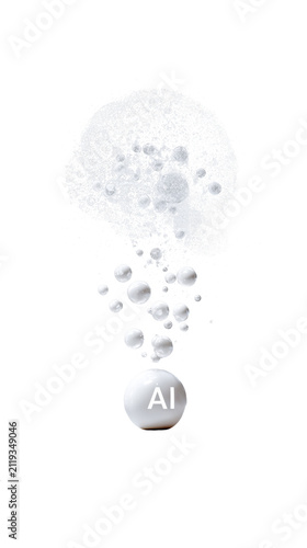Abstract AI brain made of floating particles and spheres rising from glossy white ball 3D render