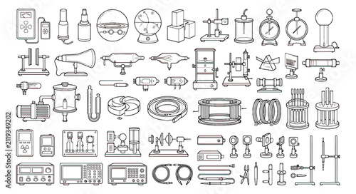 Фотография Vintage physics laboratory equipment icons, retro scientific experiment apparatu