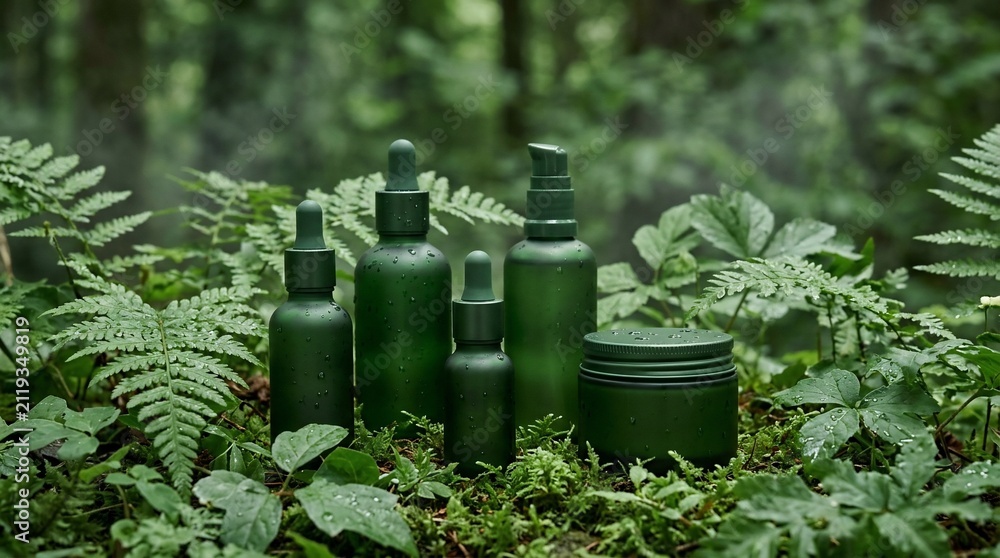 Obraz premium Green cosmetic bottles and jars in lush forest foliage for natural organic skincare product presentation