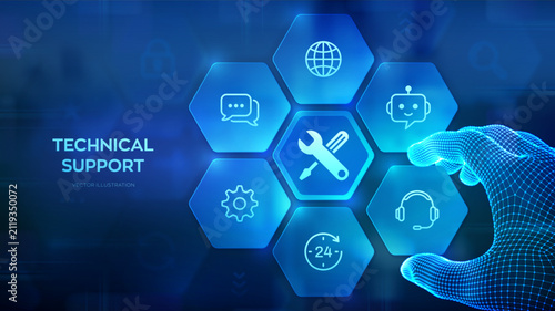 Technical support concept. Customer service and help desk. Online assistance, chatbot and customer care. Wireframe hand interacting with digital technical support interface. Vector illustration.