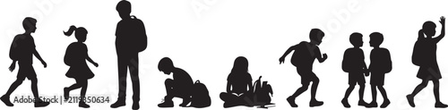 Fotografie Student silhouette collection, school children with backpacks vector set
