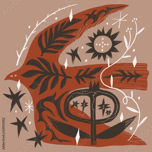 Doodle artisanal mystical folk art bird vector illustration, naive style silhouette flying filled with botanical flowers and celestial stars, modern dark cottagecore boho graphic