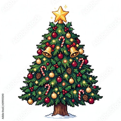 Festive Christmas Tree Pixel Art Illustration with Colorful Ornaments, Golden Star, and Holiday Decorations on a White Background