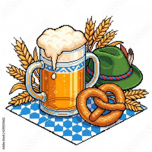 Pixel art illustration of a German celebration theme. Features a frothy beer mug, golden wheat, traditional green alpine hat, and a pretzel on a checkered cloth