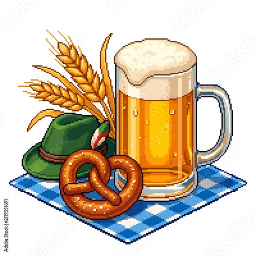 Pixel art Oktoberfest arrangement featuring beer mug, pretzel, and alpine hat on a checkered tablecloth