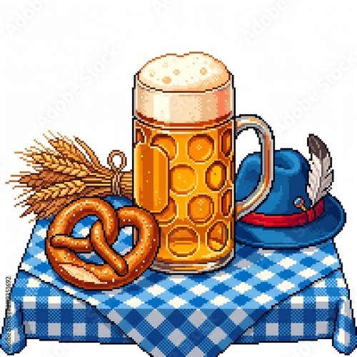 Pixel art of Oktoberfest festival featuring a beer mug, salty pretzel, wheat bunch, and traditional blue hat on a blue checkered tablecloth