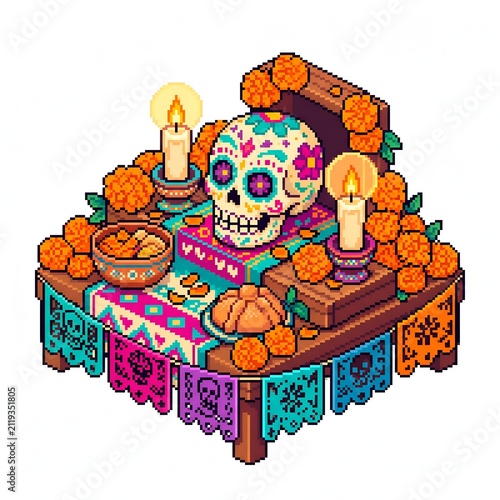 Colorful Pixel Art Ofrenda Altar with Traditional Sugar Skull Marigolds and Candles for Day of the Dead Celebration