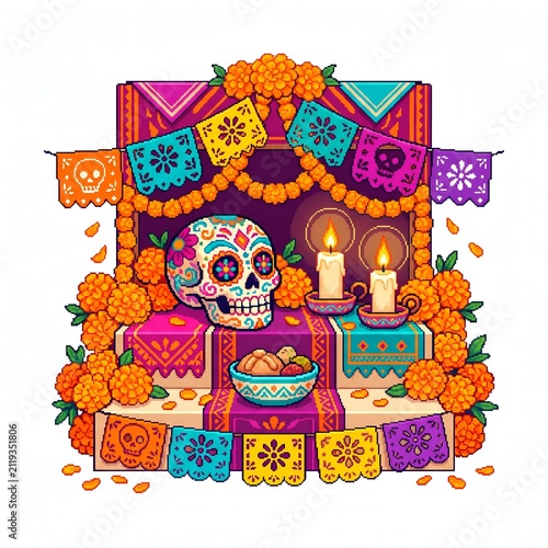 Vibrant Day of the Dead altar illustration featuring a decorated sugar skull, marigold flowers, glowing candles, and festive papel picado bunting