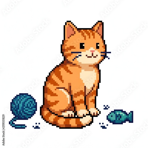Pixel art ginger cat sitting with a ball of blue yarn and a toy fish, cute retro pet illustration