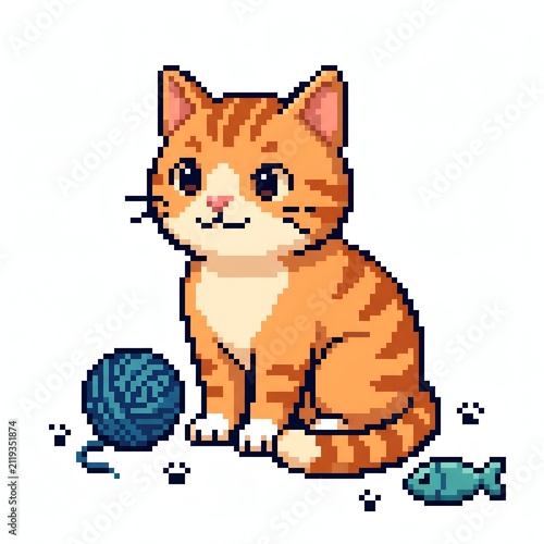 Cute Pixel Art Ginger Tabby Cat Sitting With Yarn Ball and Fish Toy on White Background
