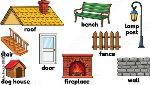 Cartoon home and yard elements with labels, roof door stair fence lamp bench dog house, kids educational art
