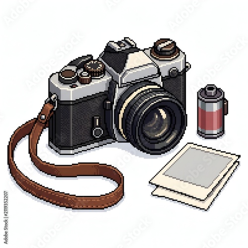 Retro pixel art film camera with leather strap, film cartridge, and photo prints isolated on white background