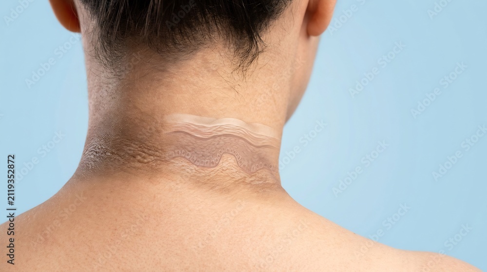 Naklejka premium Close-up of darkened skin folds on the back of a human neck with a 3D anatomical cross-section illustration