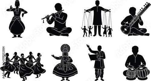 Fotografía Indian traditional classical music and dance silhouette vector set featuring sit
