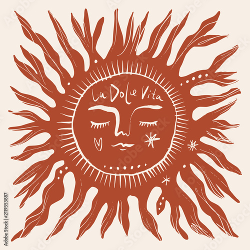 Doodle mystical celestial sun face illustration artisanal folk art summer vector