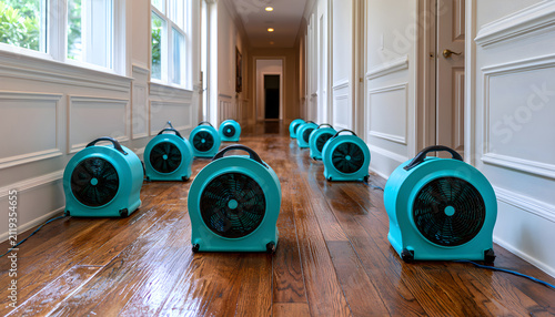 Turquoise air movers dry wet hardwood floor inside house hallway. Restoration equipment helps remove moisture after water damage or flood. Professional drying service for home interiors