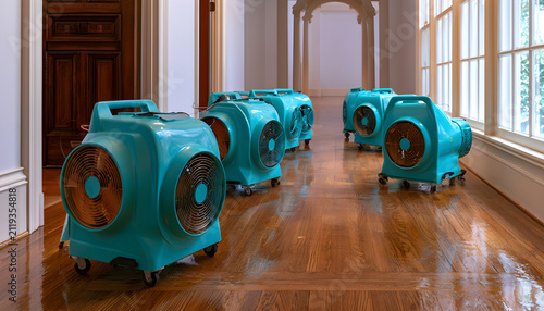 Turquoise air movers dry wet hardwood floor inside house hallway. Restoration equipment helps remove moisture after water damage or flood. Professional drying service for home interiors