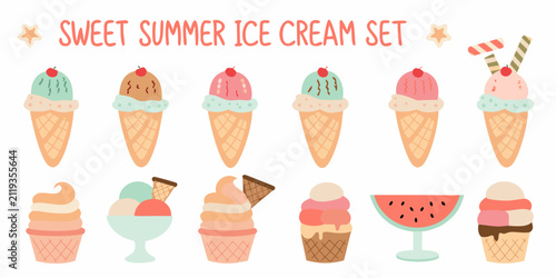 Принти на полотні sweet summer ice cream set colorful vector illustration dessert cone scoop food