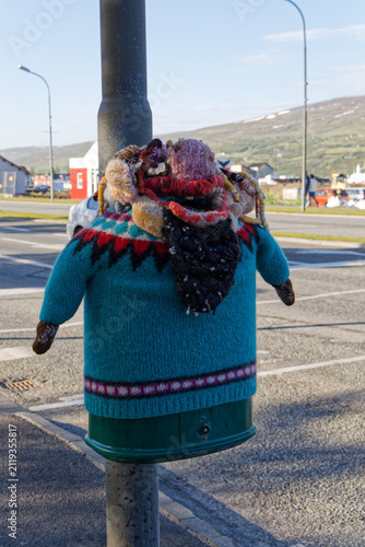 Konstfotografi Whimsical Yarn-Bombed Public Bin Wearing an Icelandic Sweater