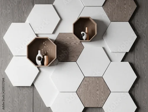 Panel kuchenny z motywem Modern wall with geometric white hexagon panels and wooden shelves holding decor vases. Contemporary interior design feature with clean lines and neutral tones.