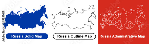 Konstfotografi Blue and Red Russia Country Map Collection with Solid Silhouette, Outline, and R