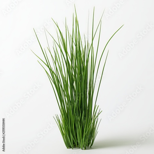 Fake green grass sits against white backgrounds for garden decor.