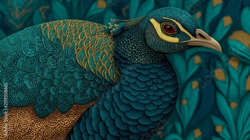 Majestic peacock showcasing vibrant plumage amidst a lush botanical backdrop