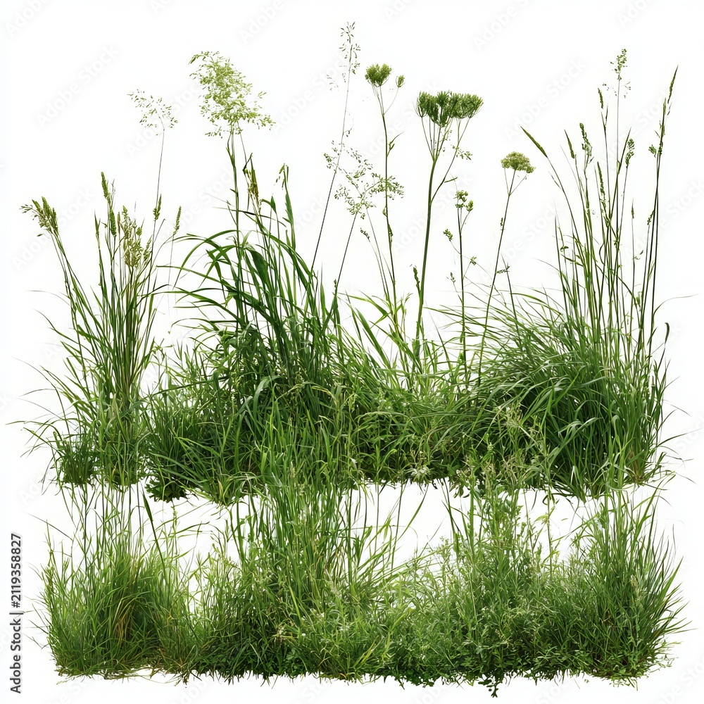 Fototapeta premium Green grass and plants fill meadow fields, providing isolated PNG images for designs.