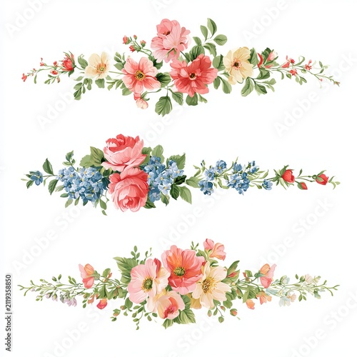 Floral garland borders decorate white backgrounds using clipping paths.