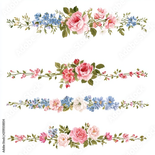 Floral garland borders decorate white backgrounds using clipping paths.