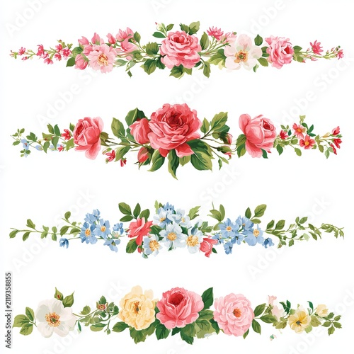 Floral garland borders decorate white backgrounds using clipping paths.