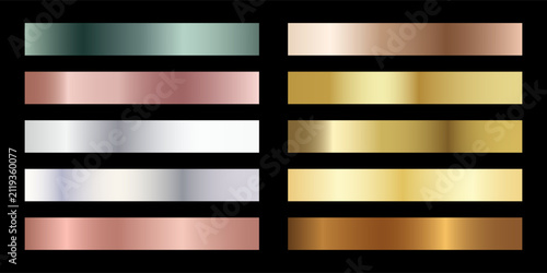 A set of silver, gold and black metallic gradients. Vector collection of metal gradients for chrome button, ribbon, brass metal frame border, label design.