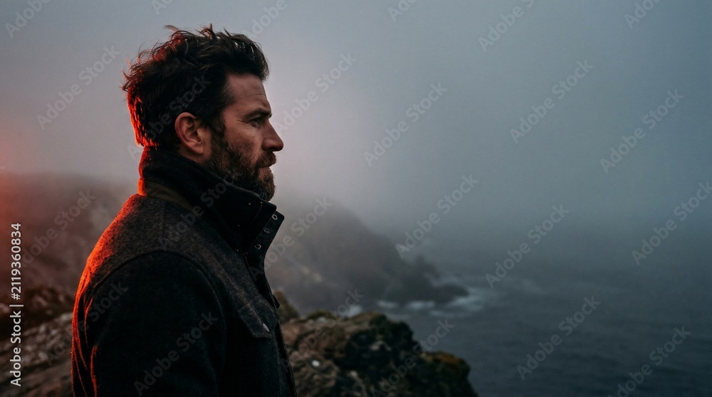 Obraz premium Pensive man standing on a rugged coastline looking out over a foggy sea in a cinematic mood
