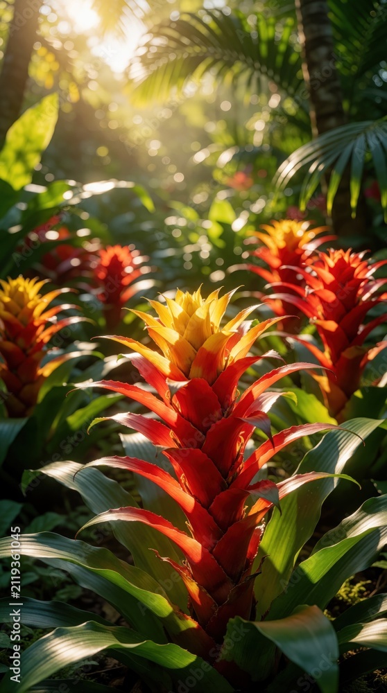 Obraz premium Vibrant bromeliad flowers grow in a sunlit tropical garden. Red orange yellow blossoms with green leaves. Warm light filters through rich jungle foliage creating bokeh.