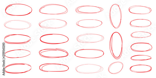 Hand drawn red line brush oval set. Hand drawn line brush pencil oval red color doodle marker chalk pen. Round circle underline frame check sign bubble texture background. Vector illustration