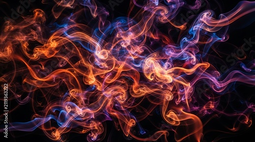 Abstract swirling smoke patterns in vibrant shades of orange blue and purple against a dark black background creating a dramatic visual effect