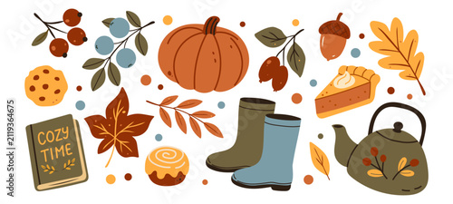 Cozy autumn sticker set with pumpkin, rain boots, teapot, book, cinnamon roll, pie, berries and fall leaves. Playful flat vector illustration isolated on white background.