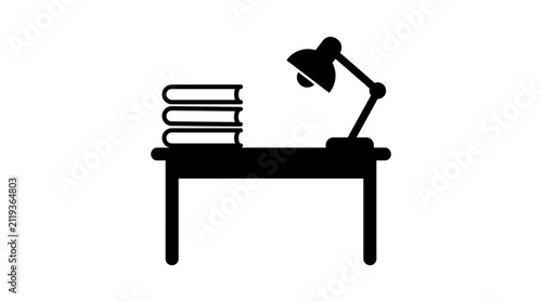 Books desk lamp and table in a black silhouette