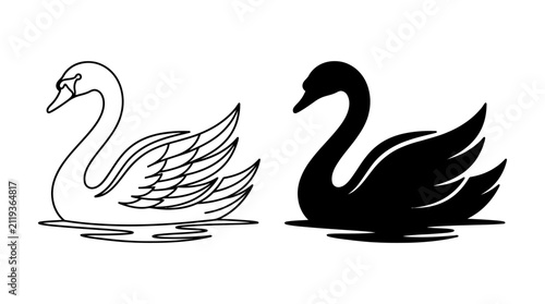 Two swans depicted in line drawing and black silhouette style