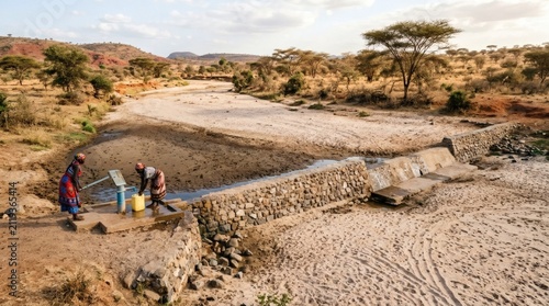 Two women collect water from a hand pump in a dry riverbed