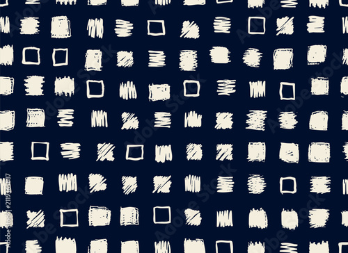 Doodled rectangles seamless repeat pattern on dark blue background. Retro, Scribbled Vector geometry aop, all over surface print.