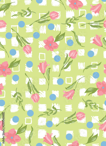 Scribbled retro white check pattern with polka dots and aquarell botanical elements seamless repeat pattern. Hand drawn, vector flowers with leaves aop all over surface print on lime green background.