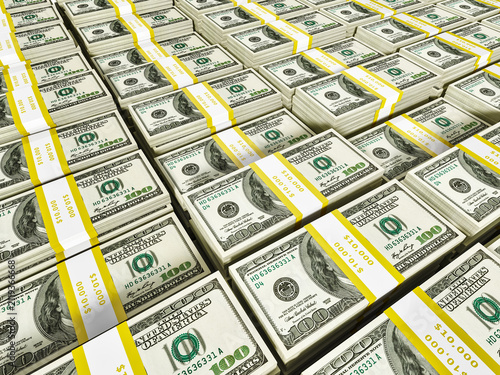 Scene featuring background of rows of US dollars bundles