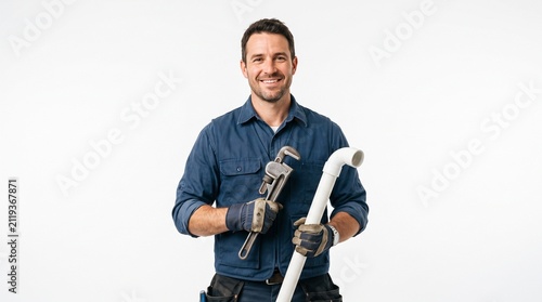 A friendly plumber, dressed in a blue work shirt and utility belt, confidently holds a pipe and wrench, ready to tackle any plumbing challenge with a warm smile.