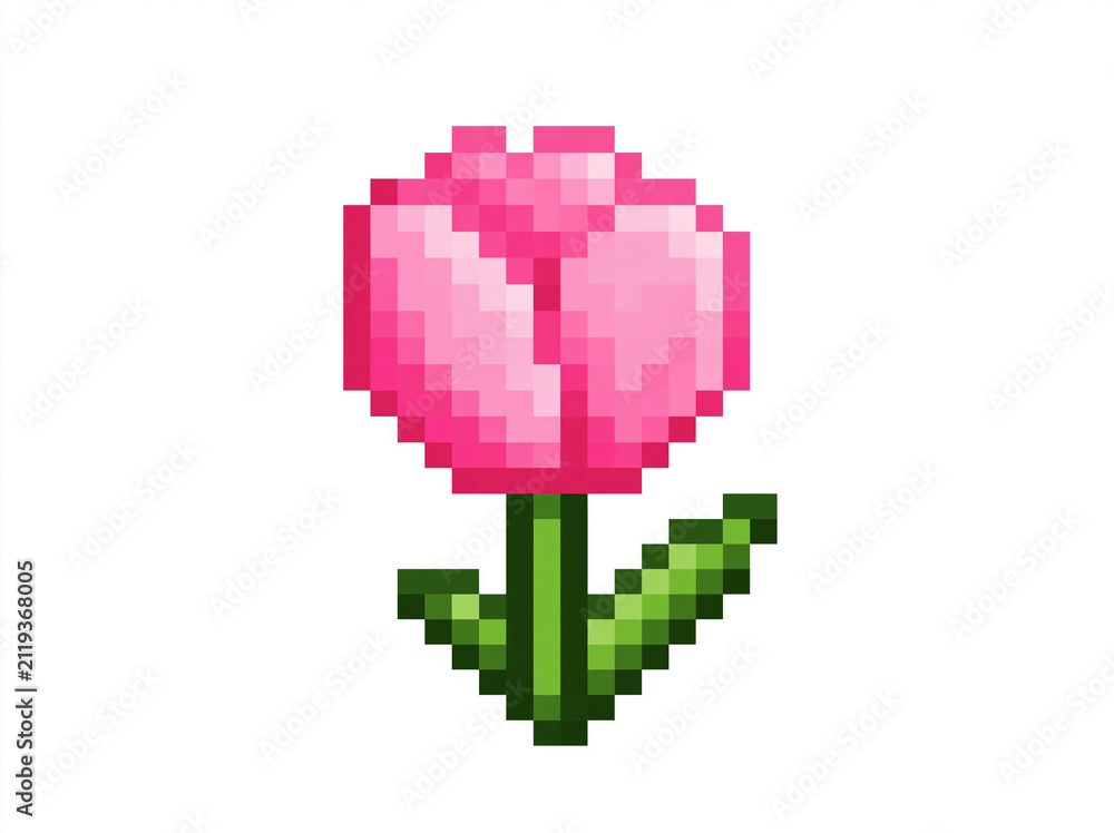 Fototapeta premium A simple pixel art of a pink tulip flower with a green stem and leaves AI generative