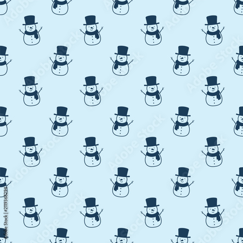 Small blue snowmen isolated on a light background. Cute seamless pattern. Simple flat vector graphic illustration. Texture.