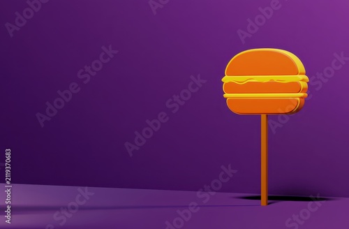 Minimalist 3D burger icon on a stick. Orange fast food lollipop design on purple background.