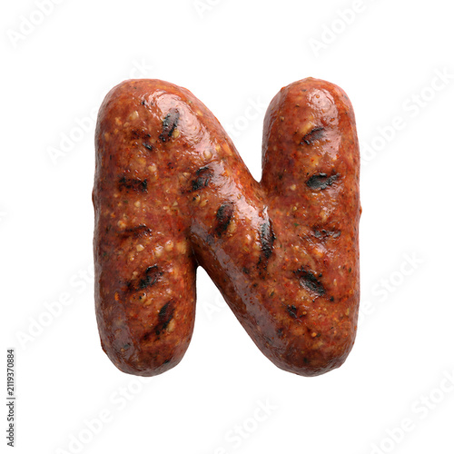 Merguez sausage letter N - Uppercase Barbecue font isolated on white background. Perfect alphabet for creative illustrations related to Barbecue, Grilled meat, oriental cuisine...