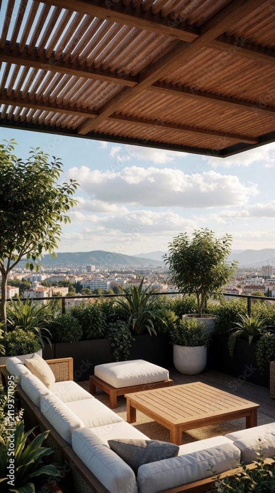 Obraz premium Top view of rooftop terrace with wooden pergola, comfortable sofa set. Green potted plants surround modern patio area overlooking city buildings, mountains. Sunny outdoor lounge space provides