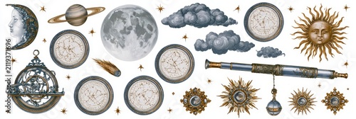 Celestial clip art set with moon and sun. Vintage astronomy elements for mystical design.